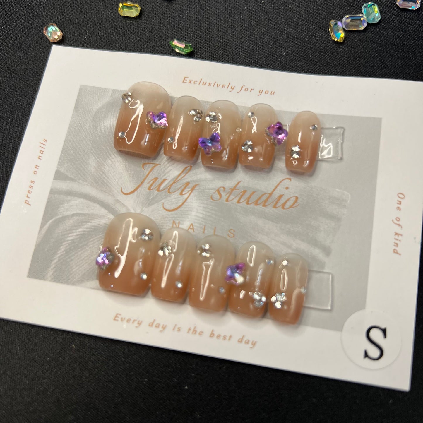 Short Square Purple Gradient with liked Diamond press on nails