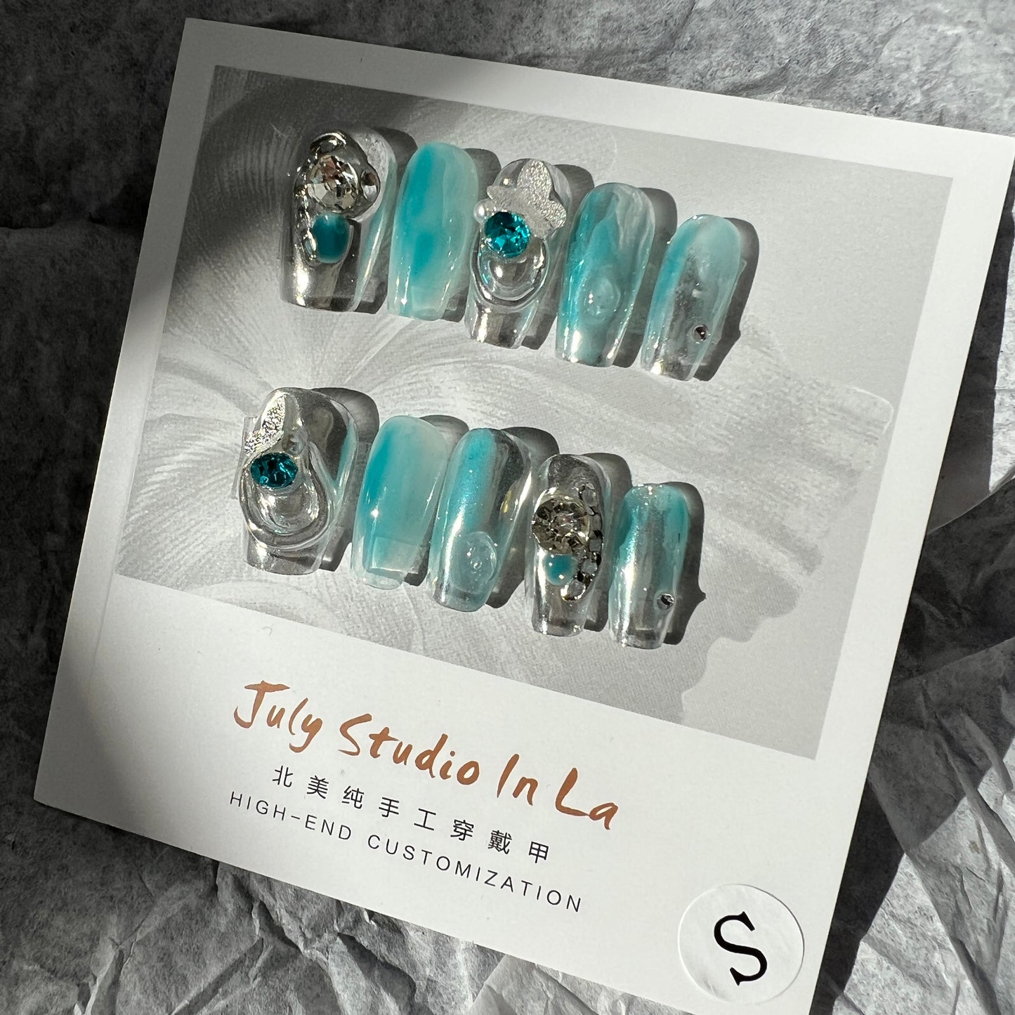 Blue silver Y2K butterfly medium coffin shining press on nails