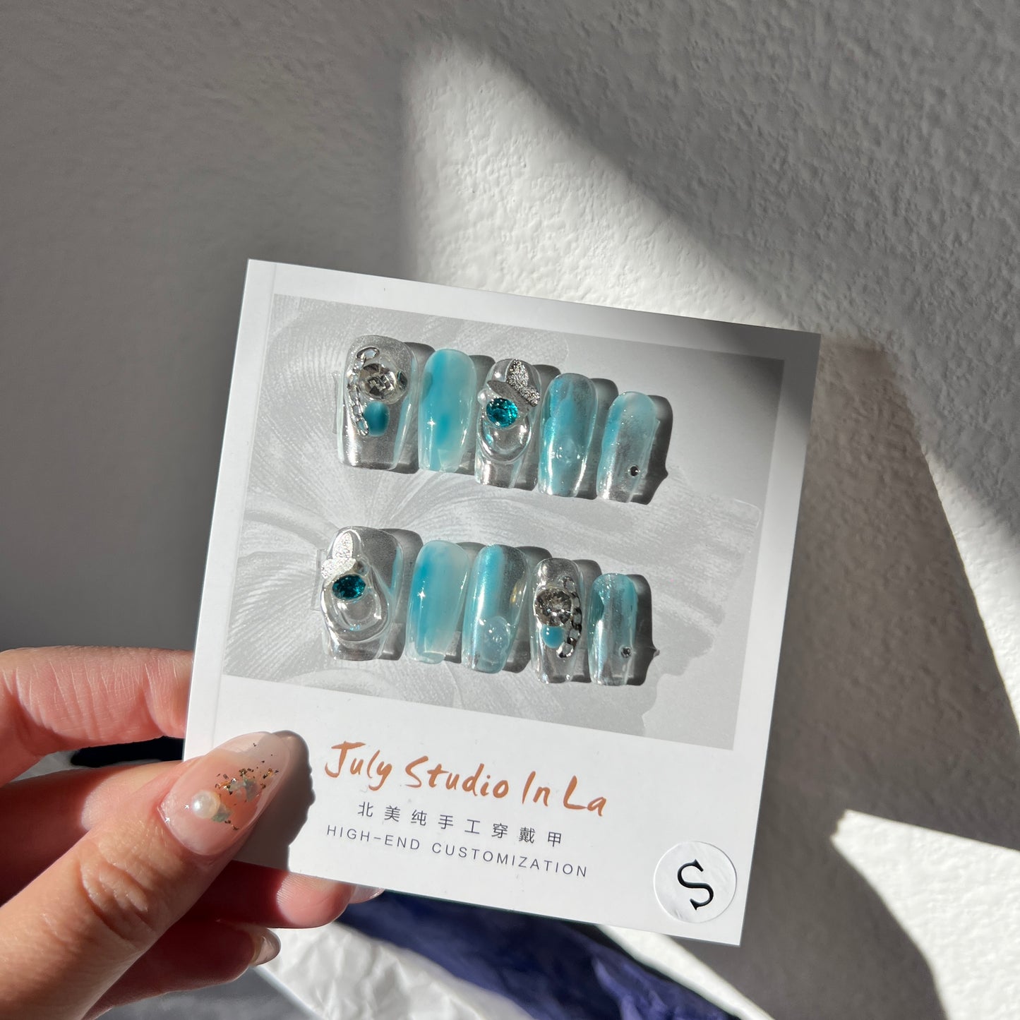 Blue silver Y2K butterfly medium coffin shining press on nails