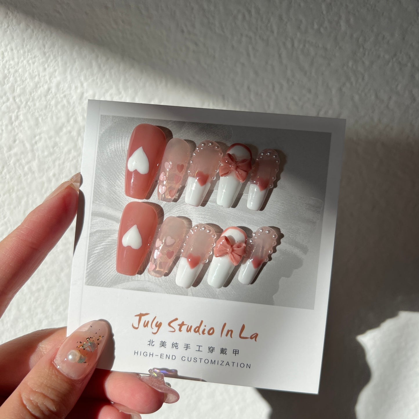 LONG COFFIN| PINK WHITE NAILS|  LOVE HEART WITH BOW