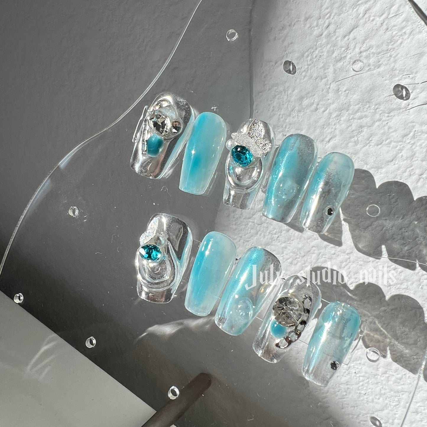 Blue silver Y2K butterfly medium coffin shining press on nails