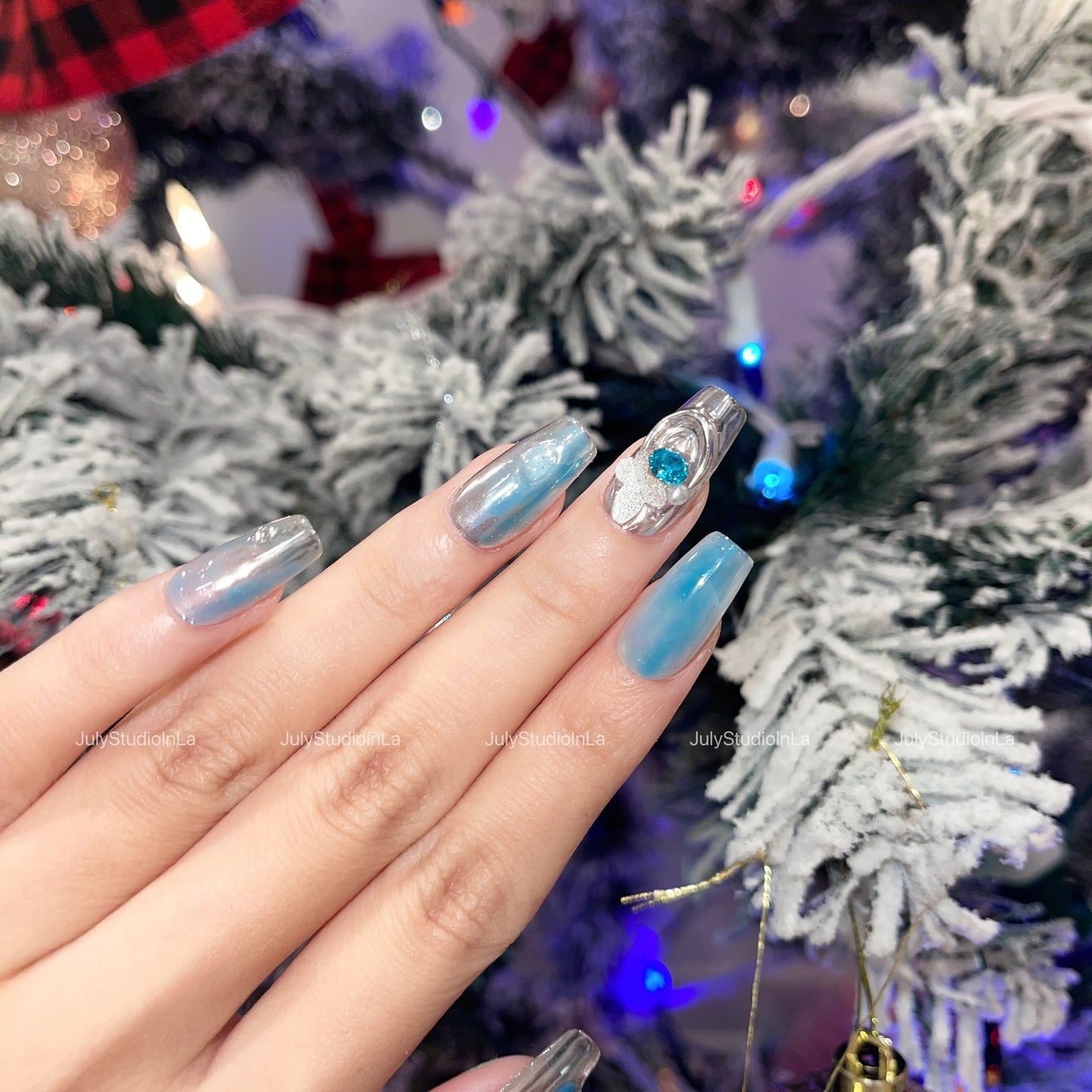 Blue silver Y2K butterfly medium coffin shining press on nails