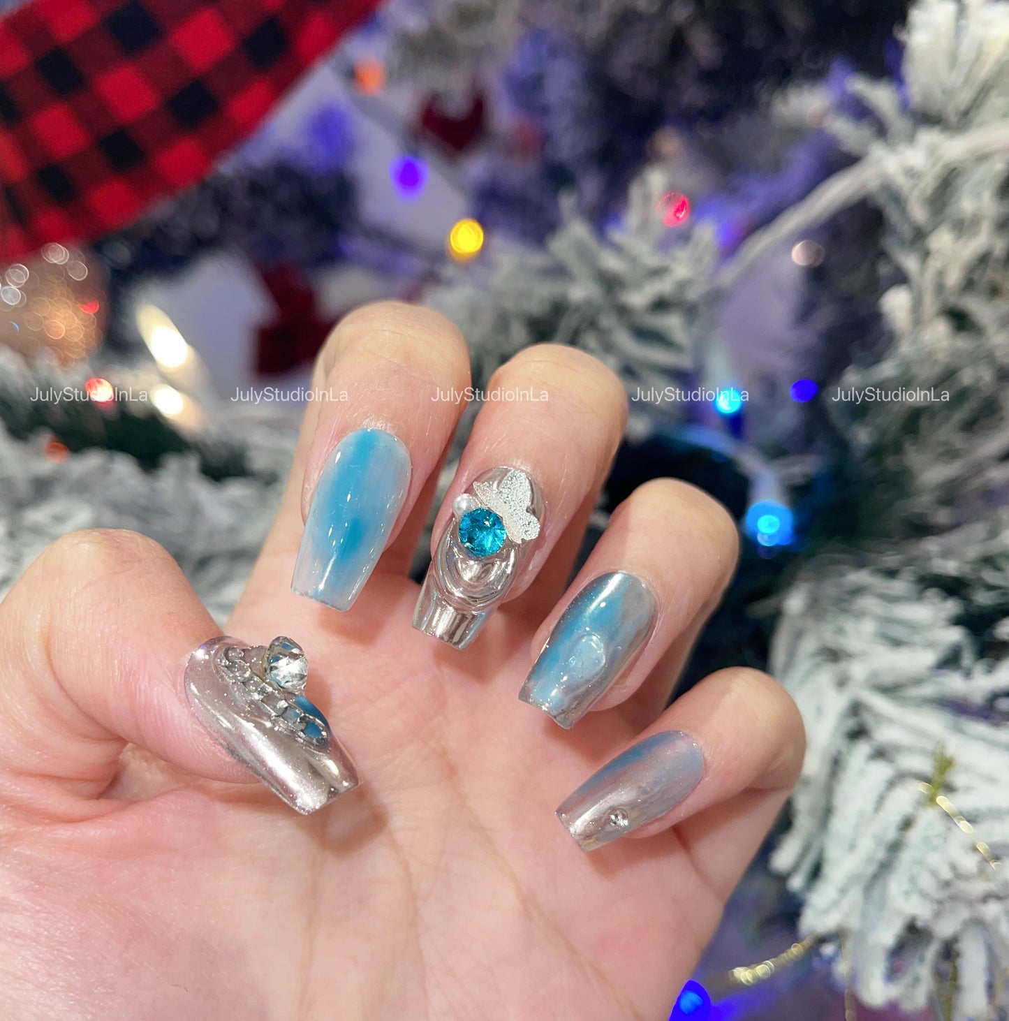 Blue silver Y2K butterfly medium coffin shining press on nails