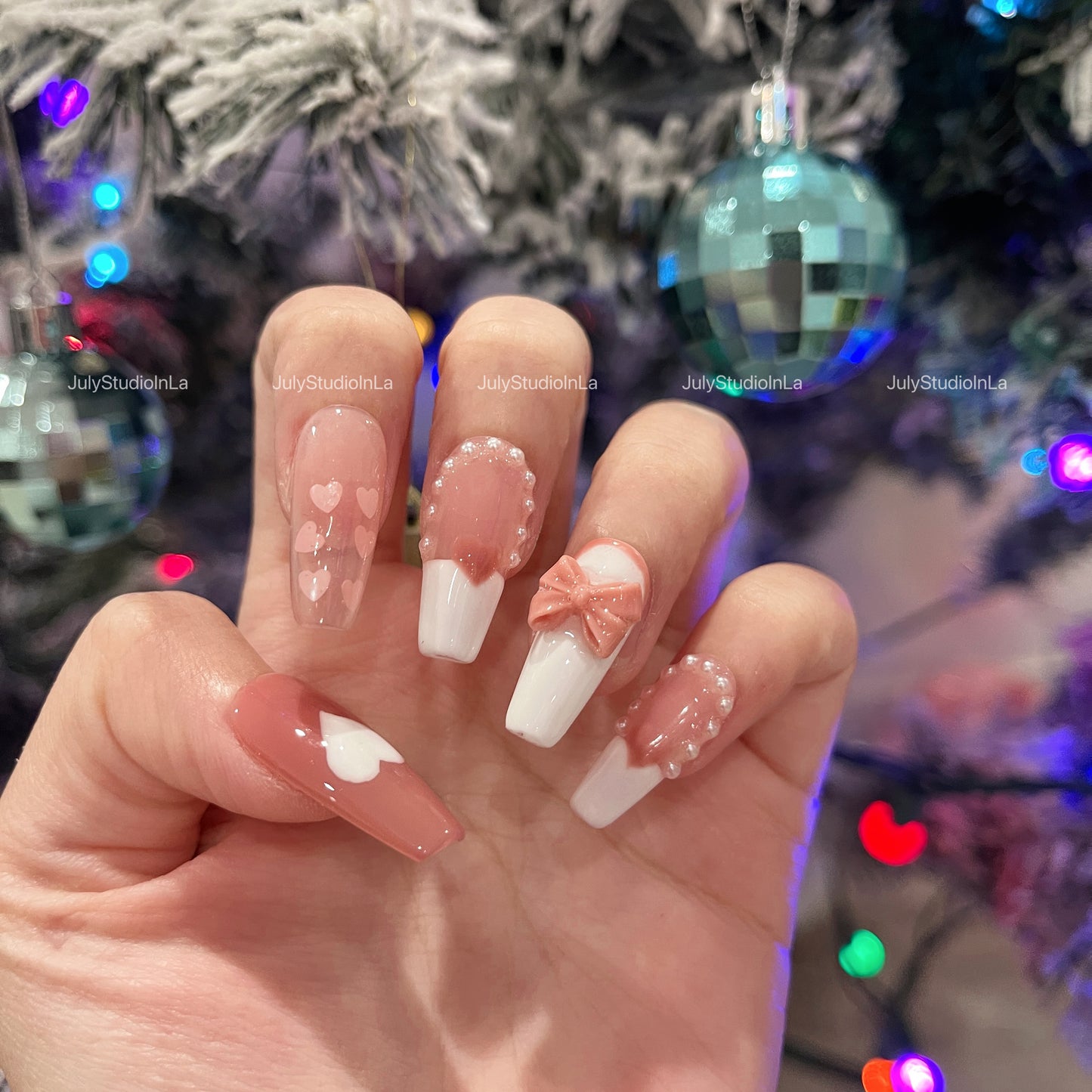 LONG COFFIN| PINK WHITE NAILS|  LOVE HEART WITH BOW