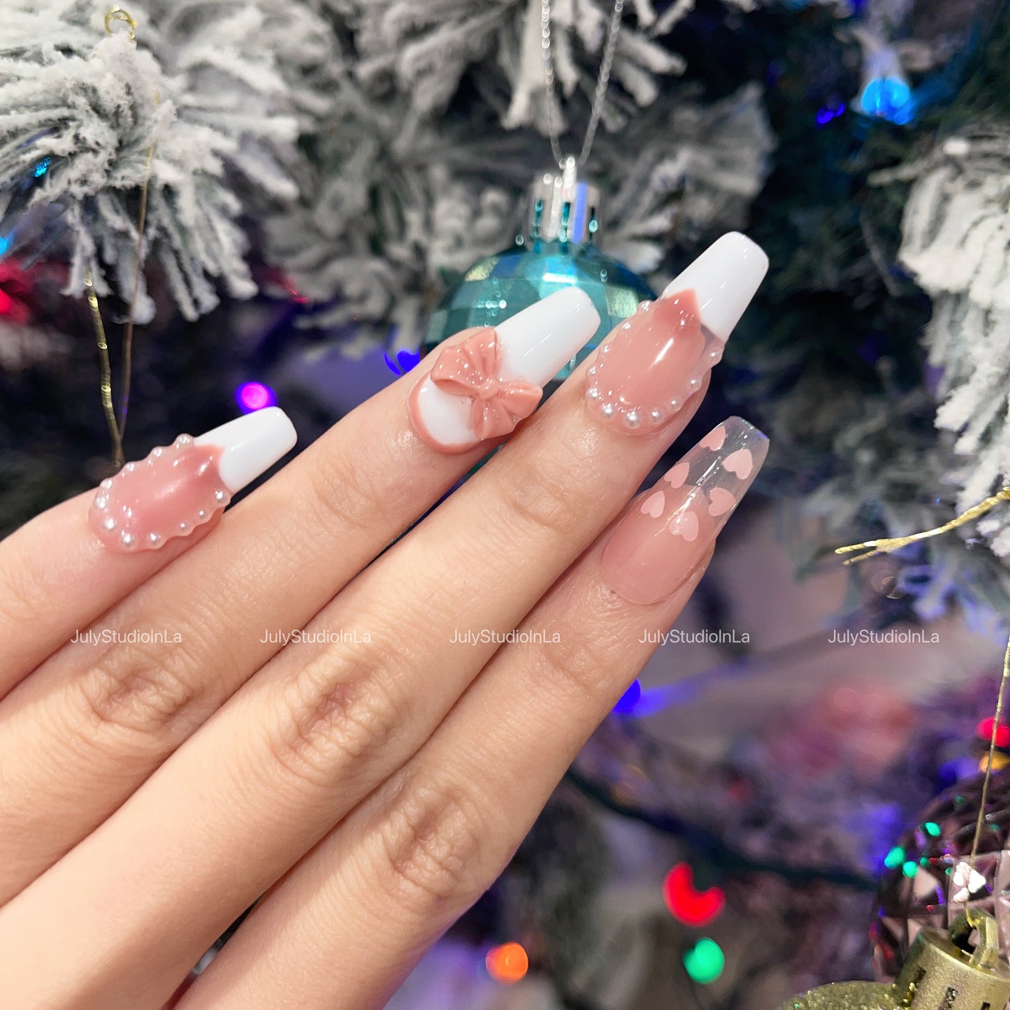 LONG COFFIN| PINK WHITE NAILS|  LOVE HEART WITH BOW