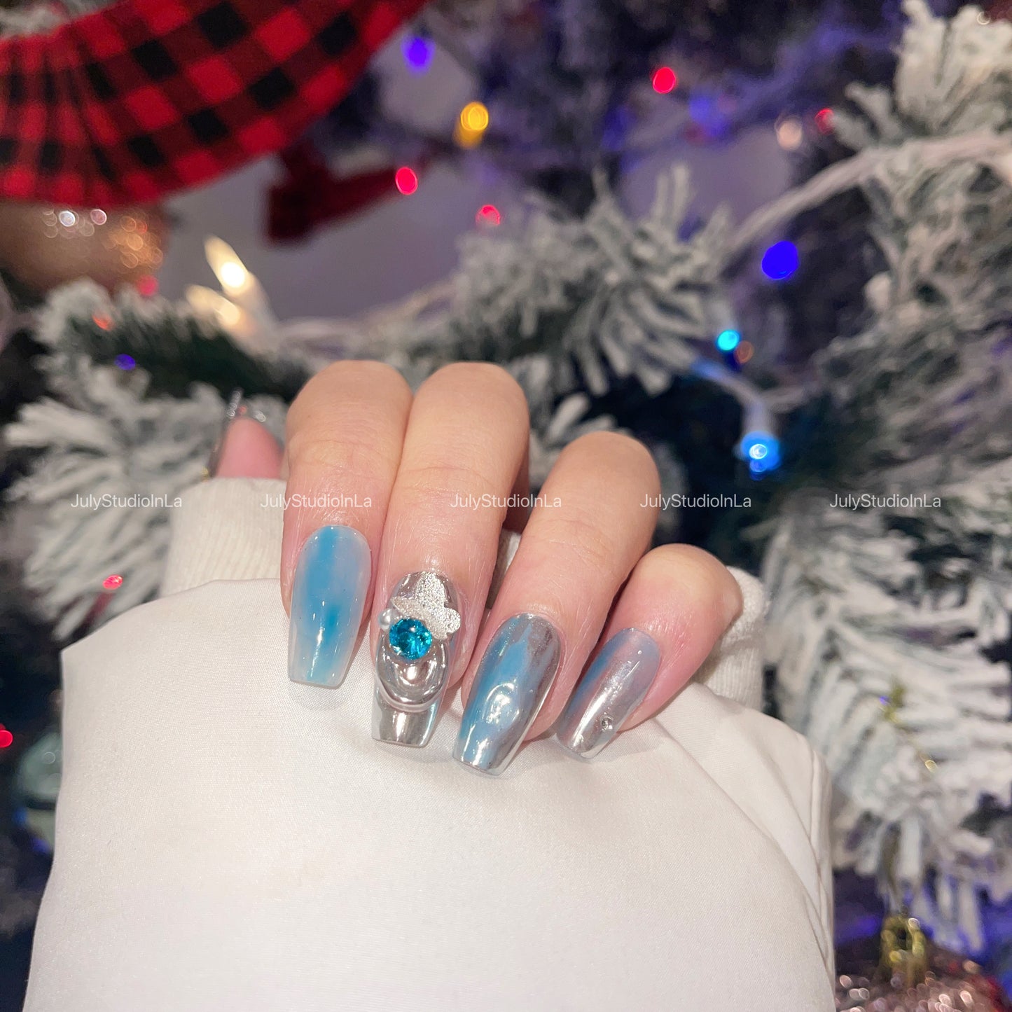 Blue silver Y2K butterfly medium coffin shining press on nails