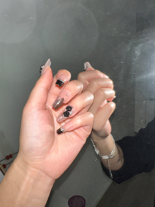 long coffin black french tip with 3D flower