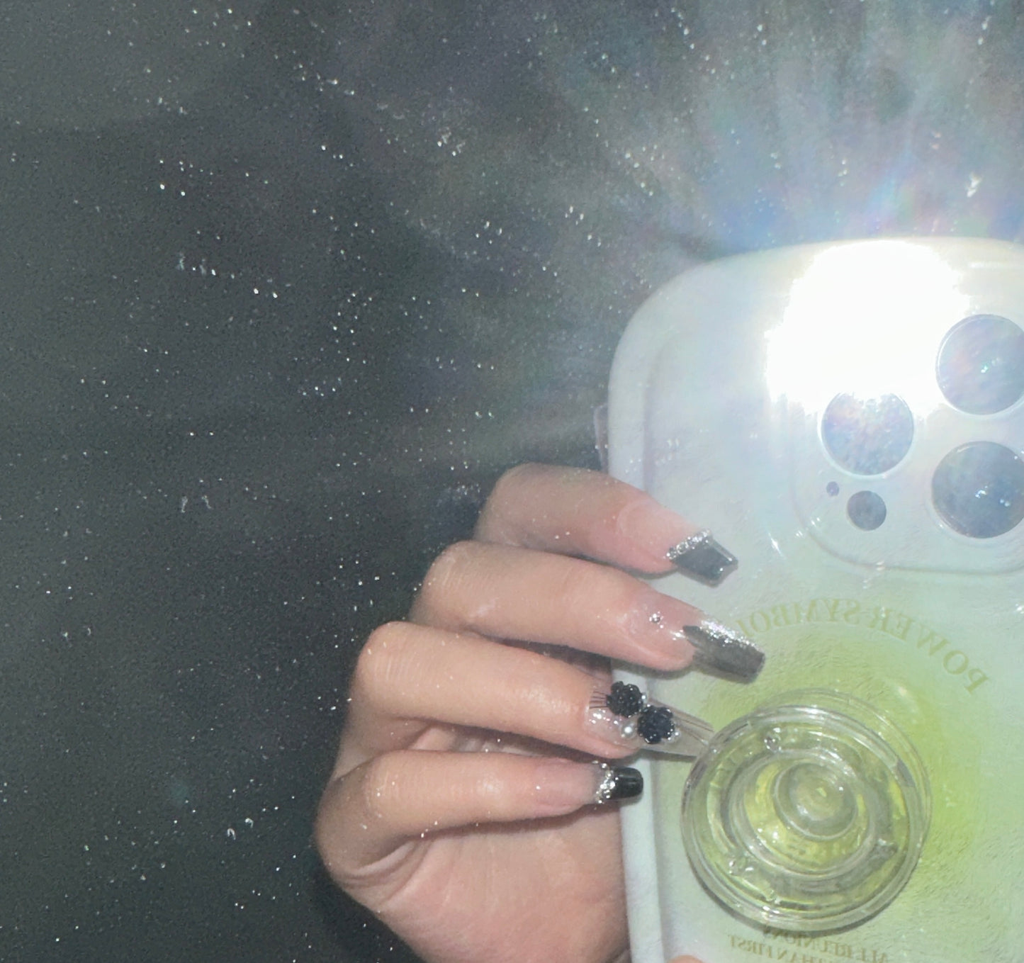 long coffin black french tip with 3D flower