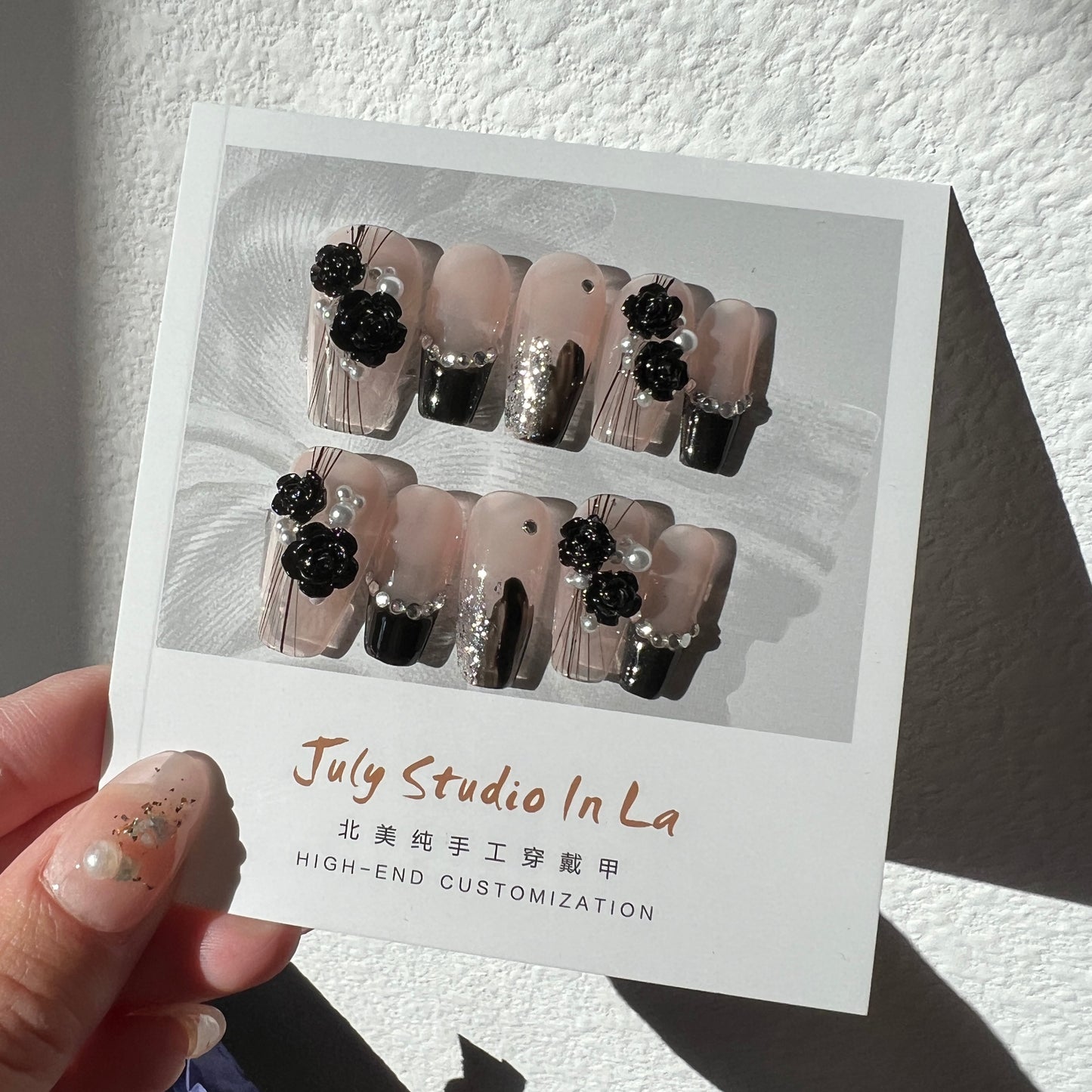 long coffin black french tip with 3D flower