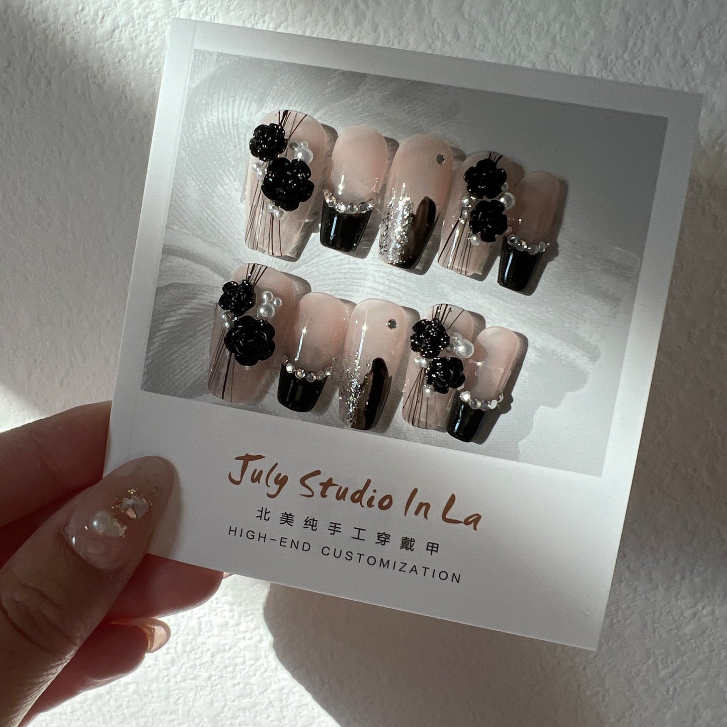 long coffin black french tip with 3D flower
