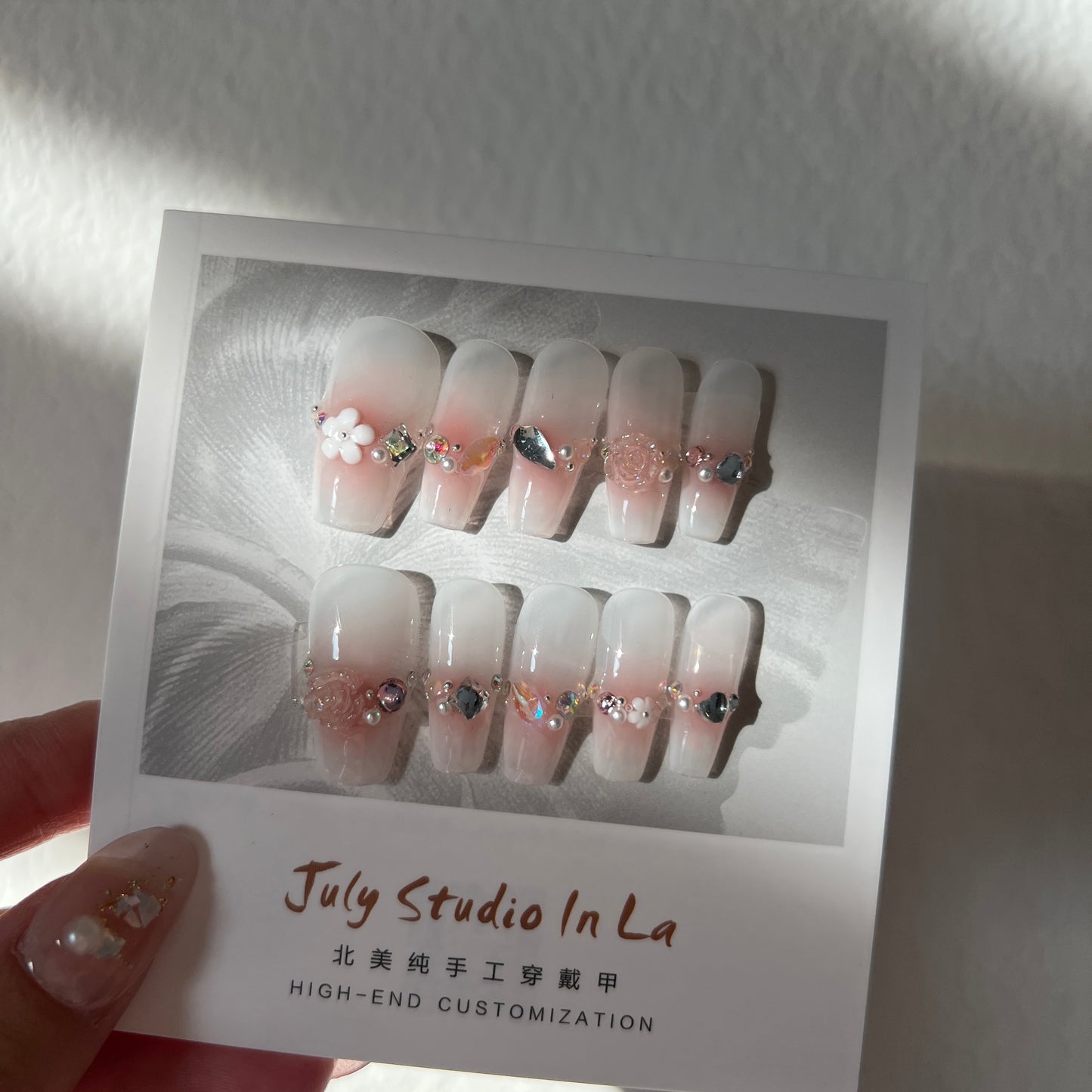 LONG COFFIN | WHITE PINK BLUSH| 3D FLOWER AND SHINNING DIAMOND