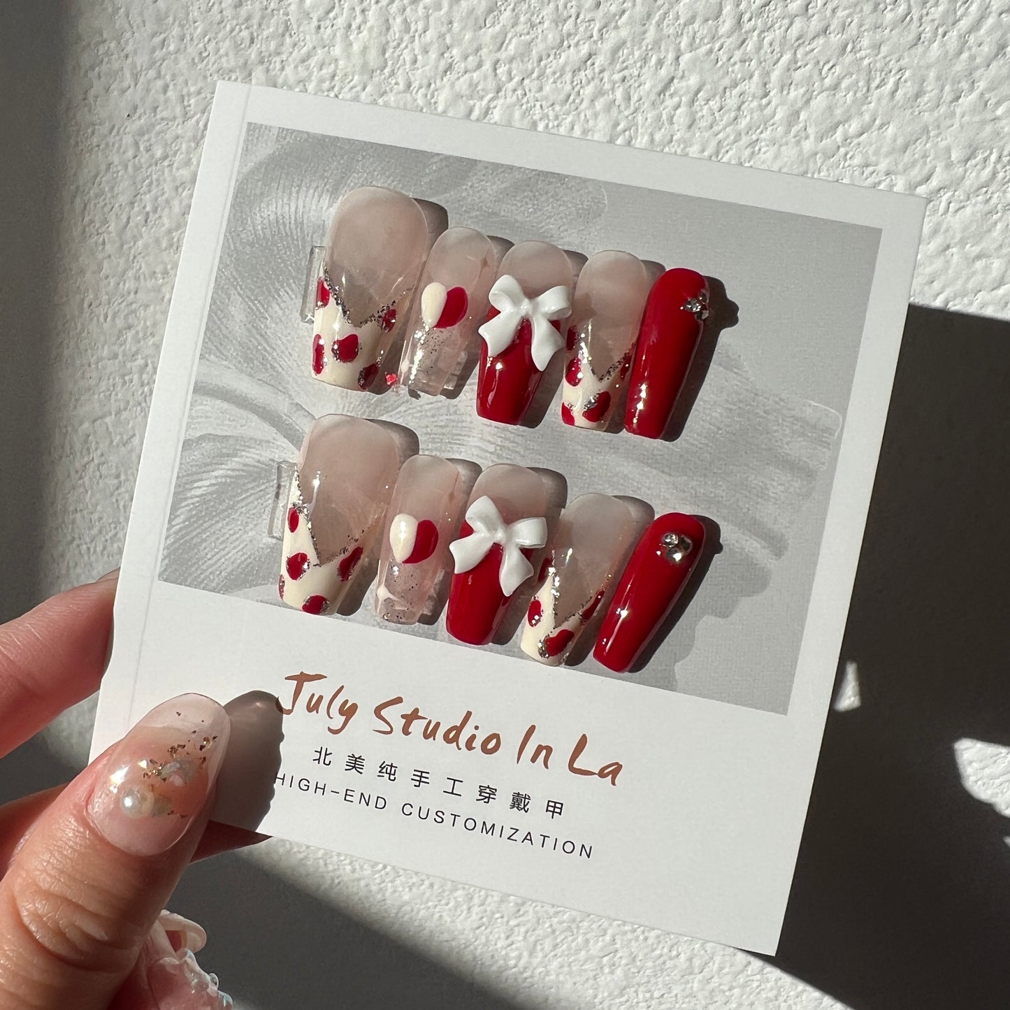 long coffin red bow｜French tips｜ press on nails