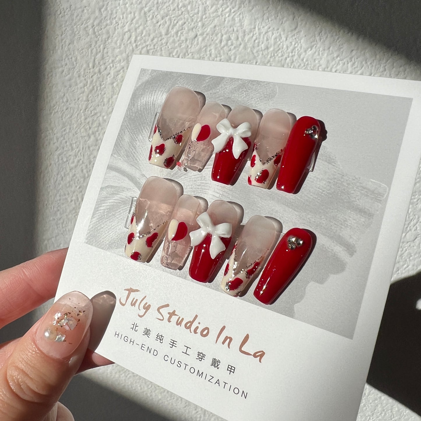 long coffin red bow｜French tips｜ press on nails