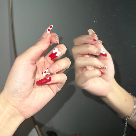 long coffin red bow｜French tips｜ press on nails
