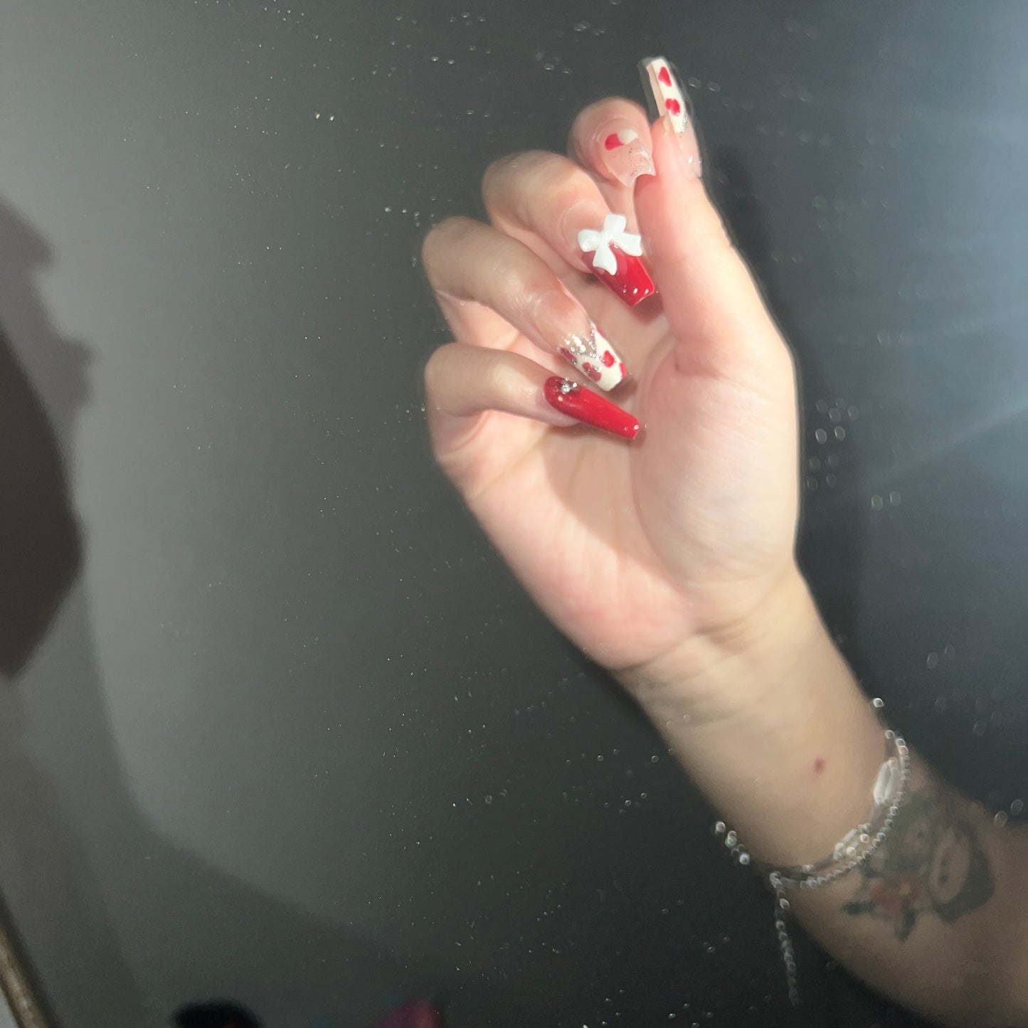 long coffin red bow｜French tips｜ press on nails
